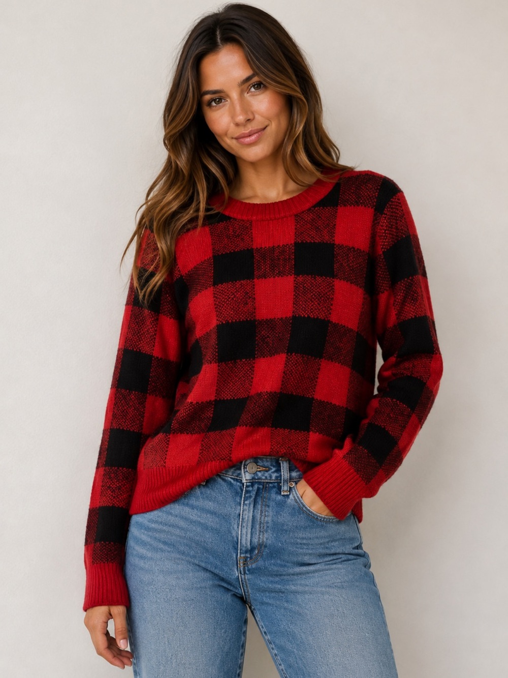 Old Navy Buffalo Plaid Check Sweater Red Black Knit Pullover Womens Size Large